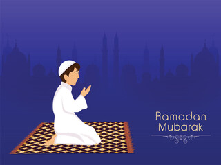 Islamic Festival Ramadan Mubarak Concept with Muslim Religious Boy Praying At Mat on Violet Silhouette Mosque Background.