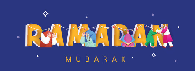 3D Style Ramadan Mubarak Font with Islamic People Offering Namaz (Prayer) And Donating Food on Violet Background. Banner Or Header Design.