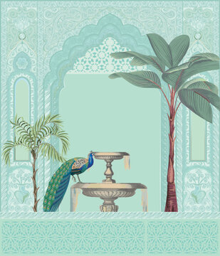 Moroccan decorative garden with peacock frame for wedding invitation vector