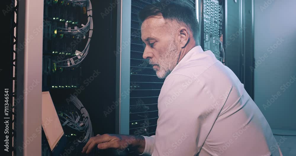 Poster Mature man in server room with laptop, cable for network maintenance or engineer in digital storage for hardware upgrade. Tech support, system administration or technician in datacenter on computer.