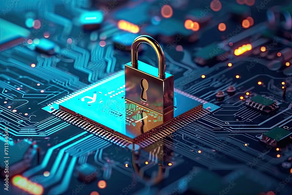 Poster digital fortress. evocative image cybersecurity with array of symbolic elements padlocks keys and mo