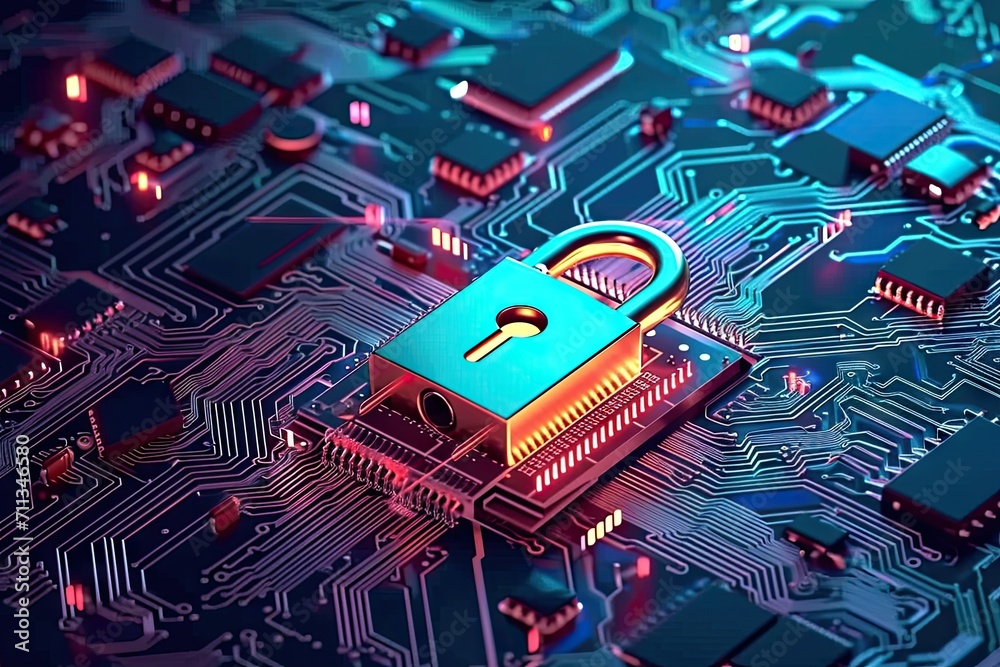 Poster digital fortress. evocative image cybersecurity with array of symbolic elements padlocks keys and mo