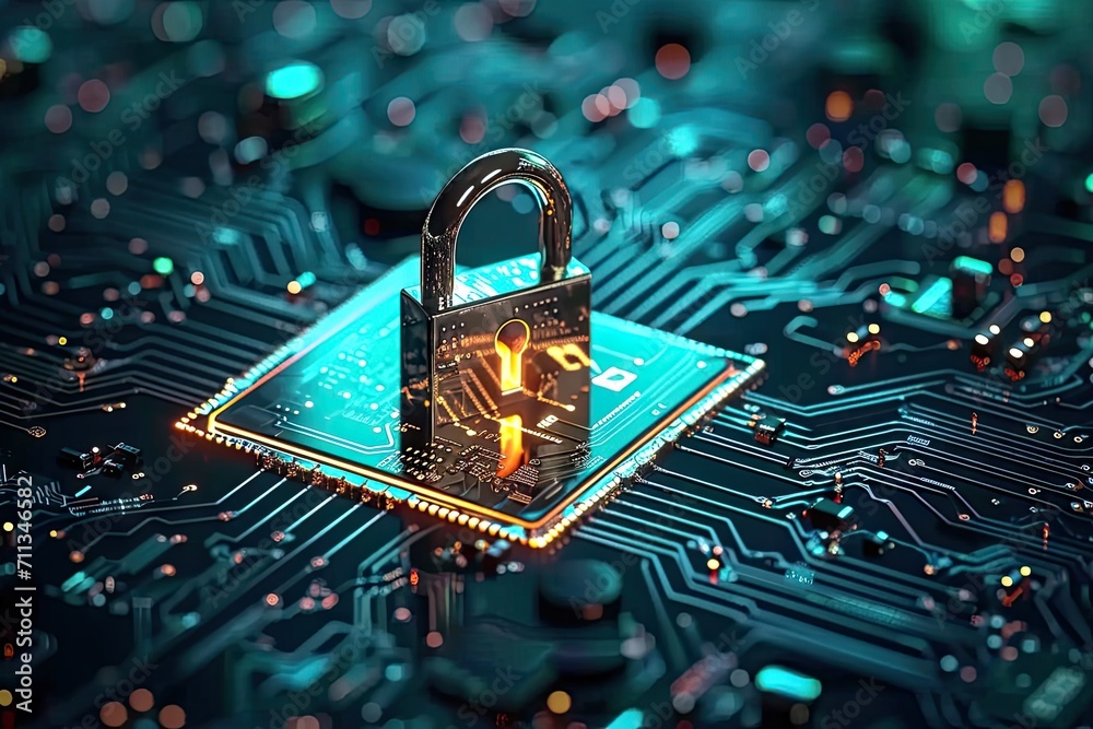 Poster digital fortress. evocative image cybersecurity with array of symbolic elements padlocks keys and mo