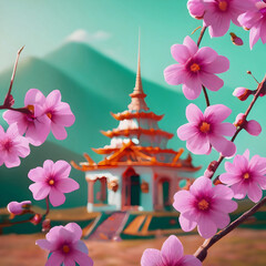 chinese temple with flowers