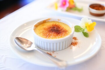 creme brulee with vanilla bean specs on white plate