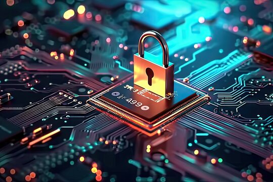 Digital fortress. Evocative image cybersecurity with array of symbolic elements padlocks keys and monitor displaying encryption codes for importance of online protection in technology and security