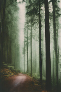 morning in the forest, forest in the fog, AI image, nature photography, landscape, green forest, nature trees, 