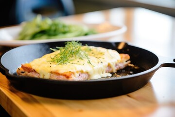 croque monsieur with melted cheese topping, golden brown, on a skillet