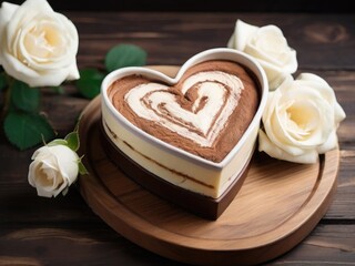 Obraz na płótnie Canvas Heart-shaped tiramissou on a wooden tray. Valentine's Day concept