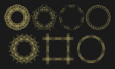 Six round gold vintage frames and one square as a bonus. Vector set - obrazy, fototapety, plakaty