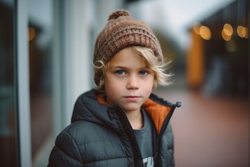 Portrait of a cute little boy in a warm hat and jacket in the city