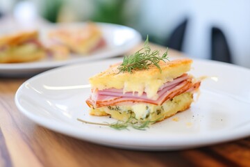 Obraz na płótnie Canvas close-up of cut croque monsieur, layers of ham and cheese shown