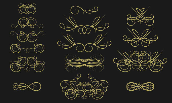 Fifteen golden vintage squiggles and arabesques to create a variety of design projects. Vector set