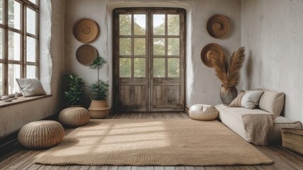 Scandinavian Serenity. A Modern Entrance Hall with Grid Door, Staircase, and Rustic Wooden Accents in Exquisite Interior Design
