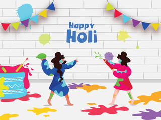 Different Type Playing Indian Festival of Colours Children Character Against White Wall Decorated with Bunting Flags for Happy Holi Celebration Concept.