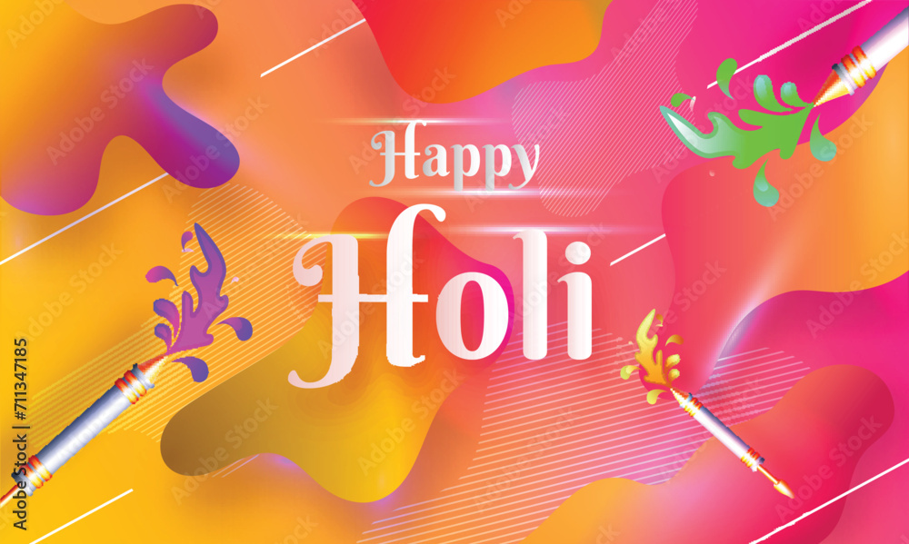 Poster glossy gradient pink and yellow fluid art abstract background with water guns for happy holi celebra