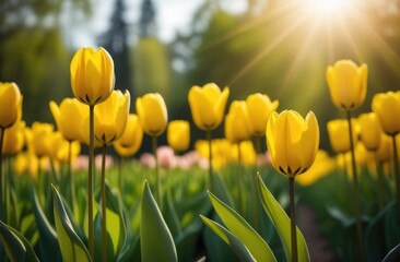 Yellow tulips background. Tulips place for text