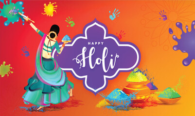 Back View of Female Dancing with Gulal and Water Gun, Happy Holi Colorful Font Message Over Vintage Frame against Splashing Colors Background for Festival Celebration Concept.