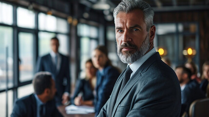 Fototapeta premium Focused mature businessman on background of office and colleagues in modern office building. 