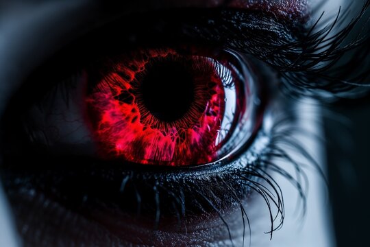 Woman's red eye in the dark. Piercing eyes. Burning demonic eyes. Copy space. Vampire. Fiery Mysterious Eye. Magic, secrecy, mysticism, visual effect. Hypnosis, power of sight. Emotion. Look. Close up