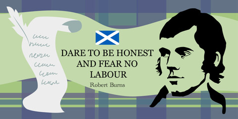 Robert Burns - Scottish poet, folklorist, author of numerous poems and poems. Robert Burns famous quotes. Vector illustration. - obrazy, fototapety, plakaty