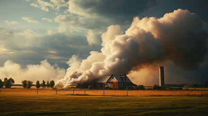 Obraz premium a column of smoke rises into the air from a barn or house in a field .