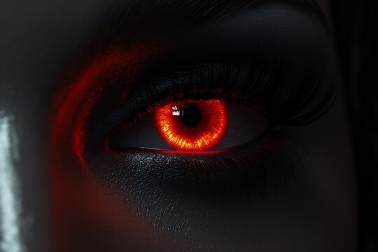 Woman's red eye in the dark. Piercing eyes. Burning demonic eyes. Copy space. Vampire. Fiery Mysterious Eye. Magic, secrecy, mysticism, visual effect. Hypnosis, power of sight. Emotion. Look. Close up