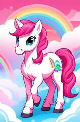 pink merry unicorn. pink unicorn on a background of rainbows and clouds