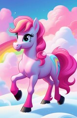 pink funny pony. pink pony against rainbows and clouds