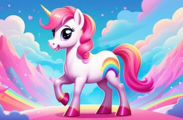 pink merry unicorn. pink unicorn on a background of rainbows and clouds