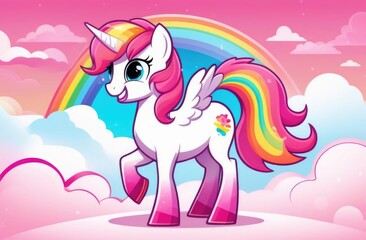 pink merry unicorn. pink unicorn on a background of rainbows and clouds	