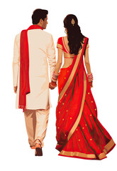 Indian wedding bride & groom back view isolated on transparent background