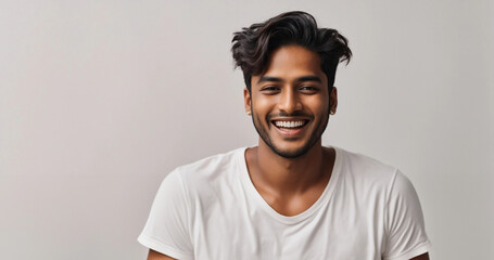 Happy young indian man with short hair laughing with pride and joy while holding a face product, his newest addition to his skincare