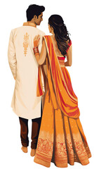 illustration of a Indian wedding bride & groom back view isolated on transparent background