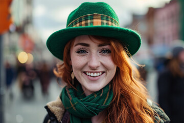 happy young woman at St. Patrick's Day portrait close-up .Portrait of a beautiful young woman wearing a leprechaun hat.St. Patrick's Day