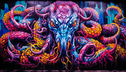 A giant purple octopus with red eyes and tentacles painted on a wall