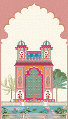 Traditional Indian Mughal palace, garden, arch, parrot frame for invitation vector pattern