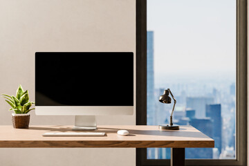 frontal view on modern clean pc workplace; black monitor with copy space; minimalist office background with panoramic view on big city skyline; digital home office concept; 3D rendering