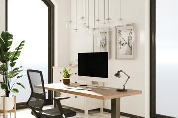 view from angle on modern clean pc workplace; black monitor with copy space; minimalist office background with panoramic view on big city skyline; digital home office concept; 3D rendering