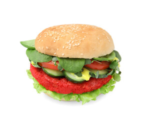 Tasty vegan burger with vegetables, patty and microgreens on white tiled table, closeup. Space for text