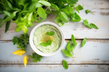 fava bean dip food styling with mint leaves - obrazy, fototapety, plakaty