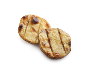 Cut tasty grilled potato isolated on white