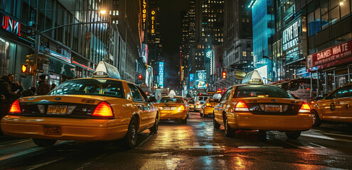 new york cabs on the street at night