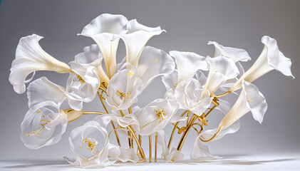 glass white lilies and peonies in bloom stages on gold stand on a white surface with gray background