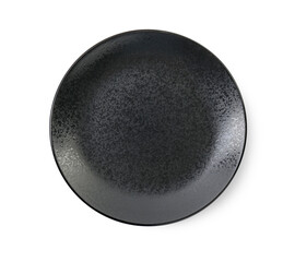 One black ceramic plate isolated on white, top view