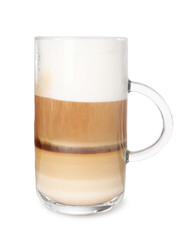 Aromatic latte macchiato in glass cup isolated on white