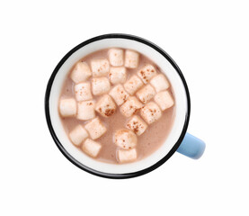 Fototapeta na wymiar Cup of aromatic hot chocolate with marshmallows and cocoa powder isolated on white, top view