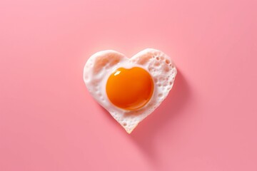 Heart shaped fried egg on pink background. Romantic love breakfast protein food. Generate ai