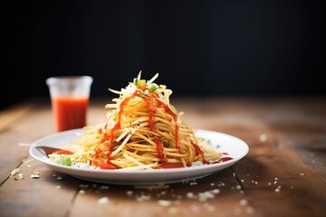 pile of shoestring fries with ketchup drizzle - obrazy, fototapety, plakaty