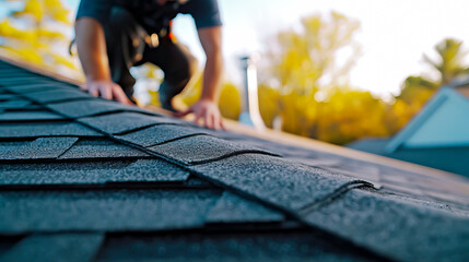 Blurred out worker on a roof inspecting or installing shingles, residential area. Shallow field of view	